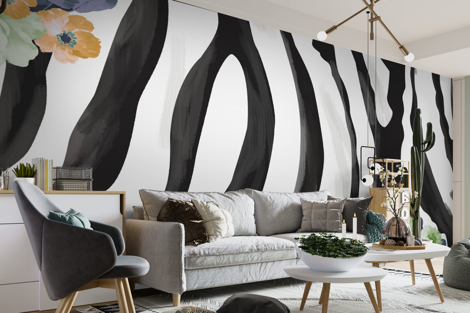 Fotobehang achtergrond met bloemen op een achtergrond van zwarte en witte strepen