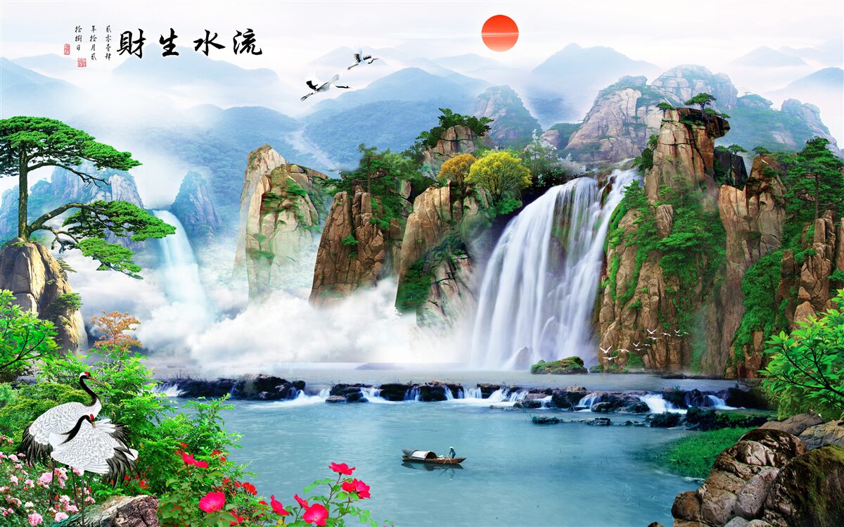 Fotobehang magisch uitzicht op de natuur en de waterval