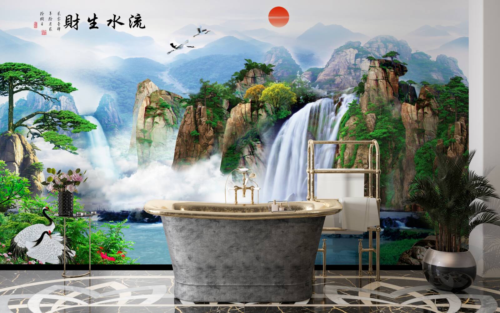 Fotobehang magisch uitzicht op de natuur en de waterval