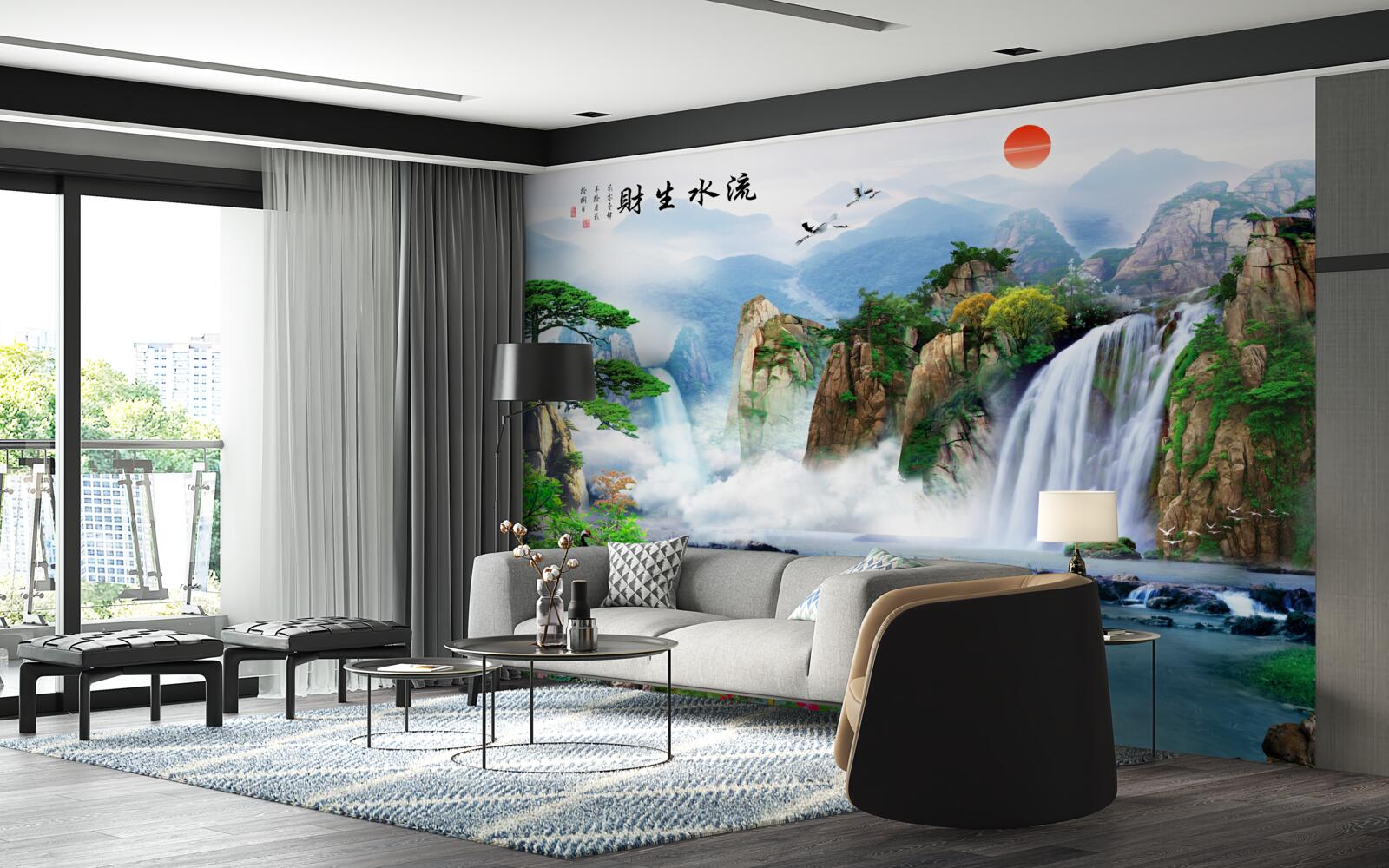 Fotobehang magisch uitzicht op de natuur en de waterval