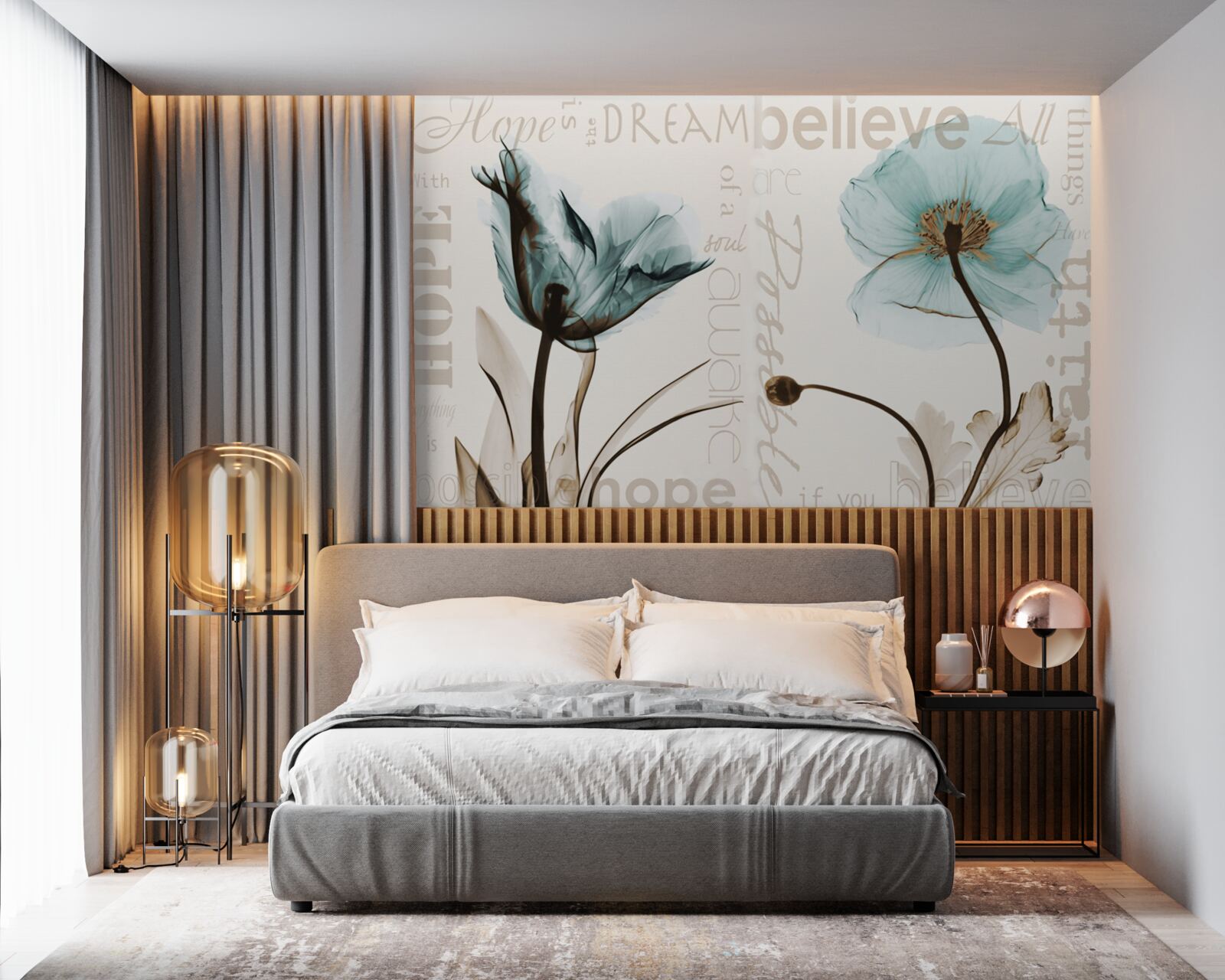 Fotobehang zacht turquoise klaprozen