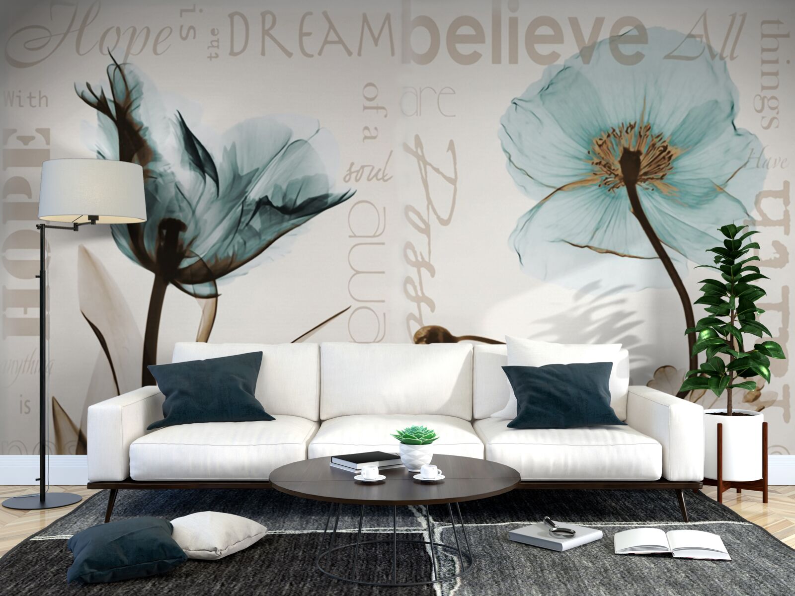 Fotobehang zacht turquoise klaprozen