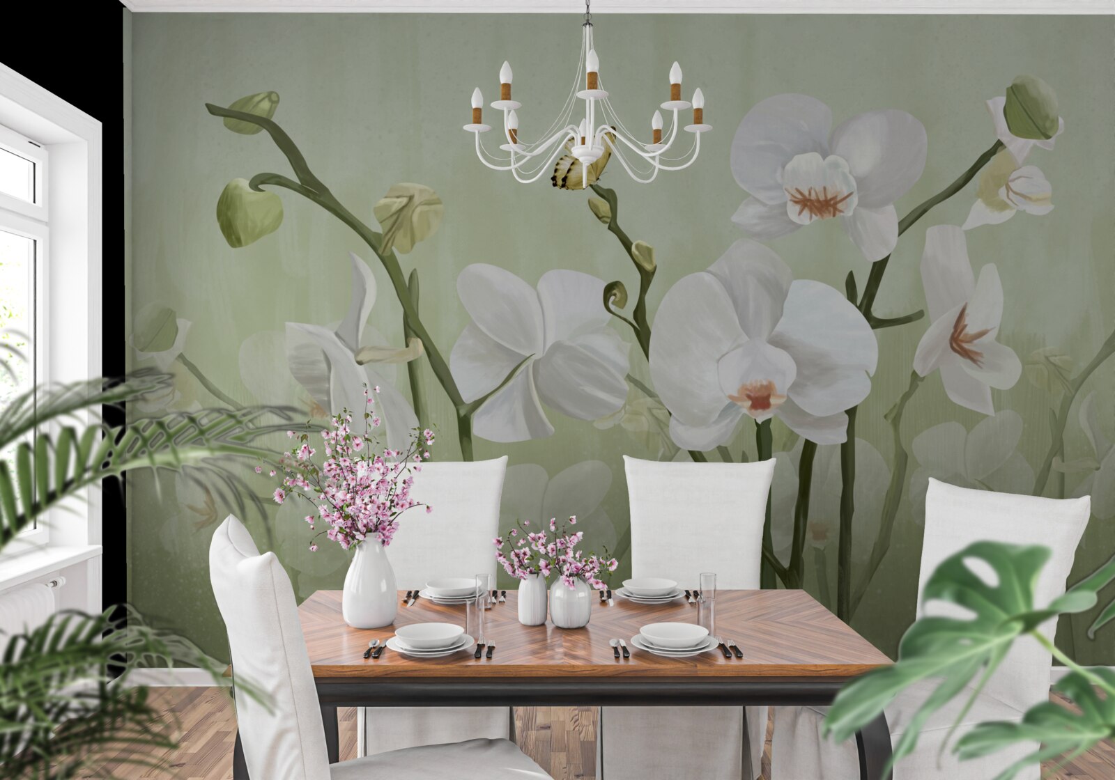 Fotobehang witte bloemen met een ongewone uitstraling