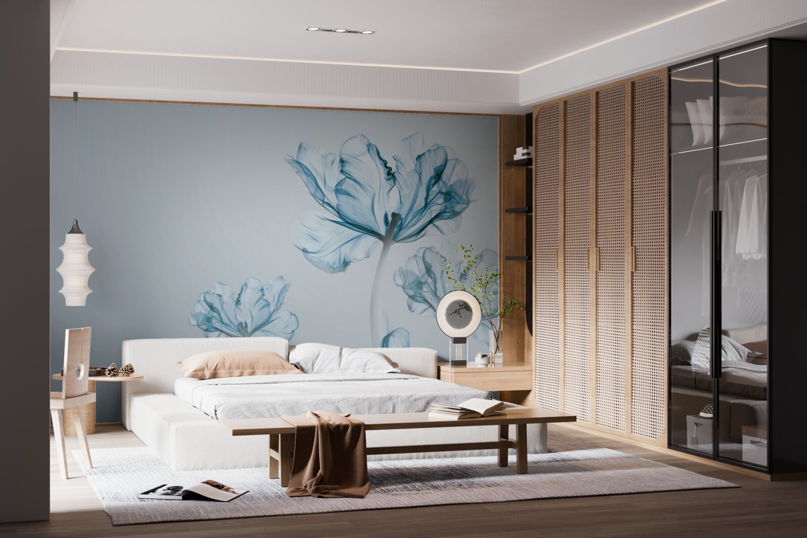 Fotobehang blauwe bloemen met transparantie