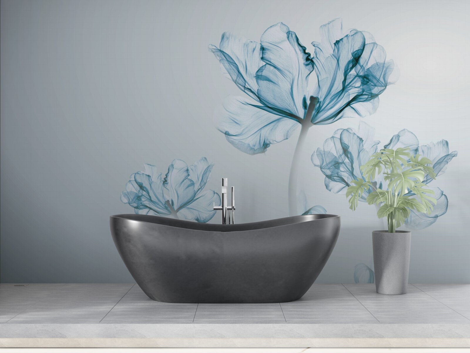 Fotobehang blauwe bloemen met transparantie