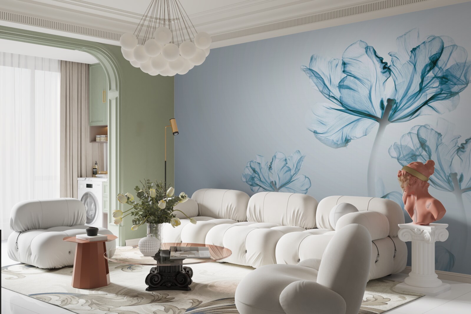 Fotobehang blauwe bloemen met transparantie