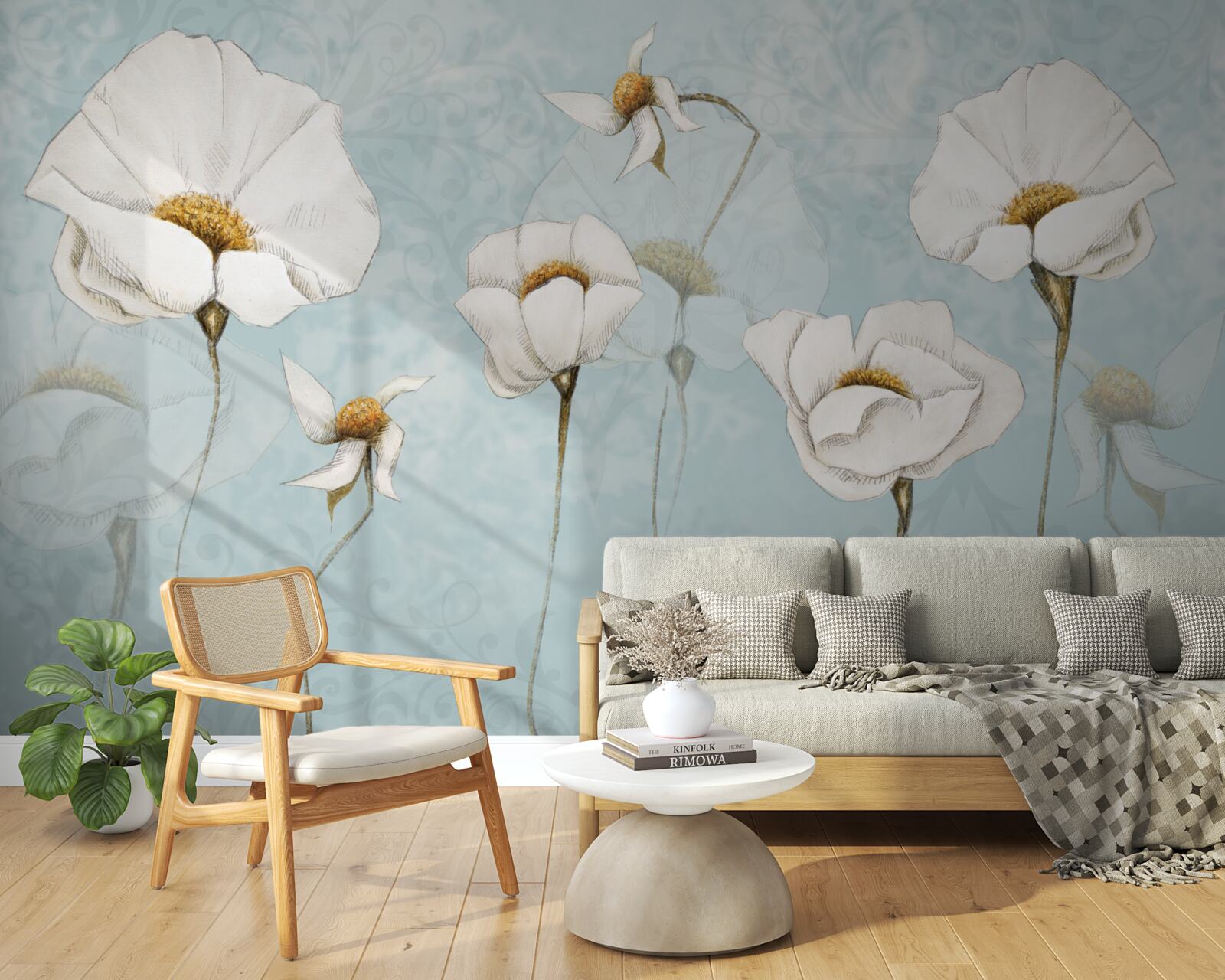 Fotobehang klaprozen zijn sneeuwwit en staan op hoge, tere stammen