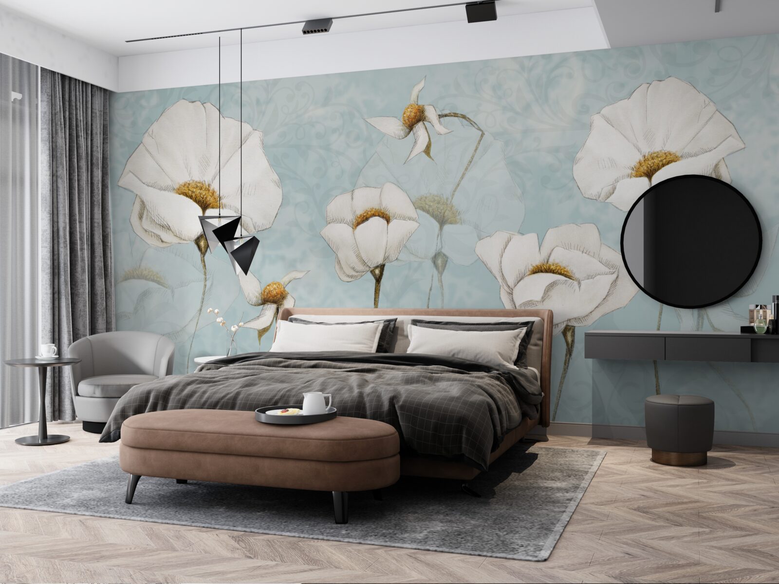 Fotobehang klaprozen zijn sneeuwwit en staan op hoge, tere stammen