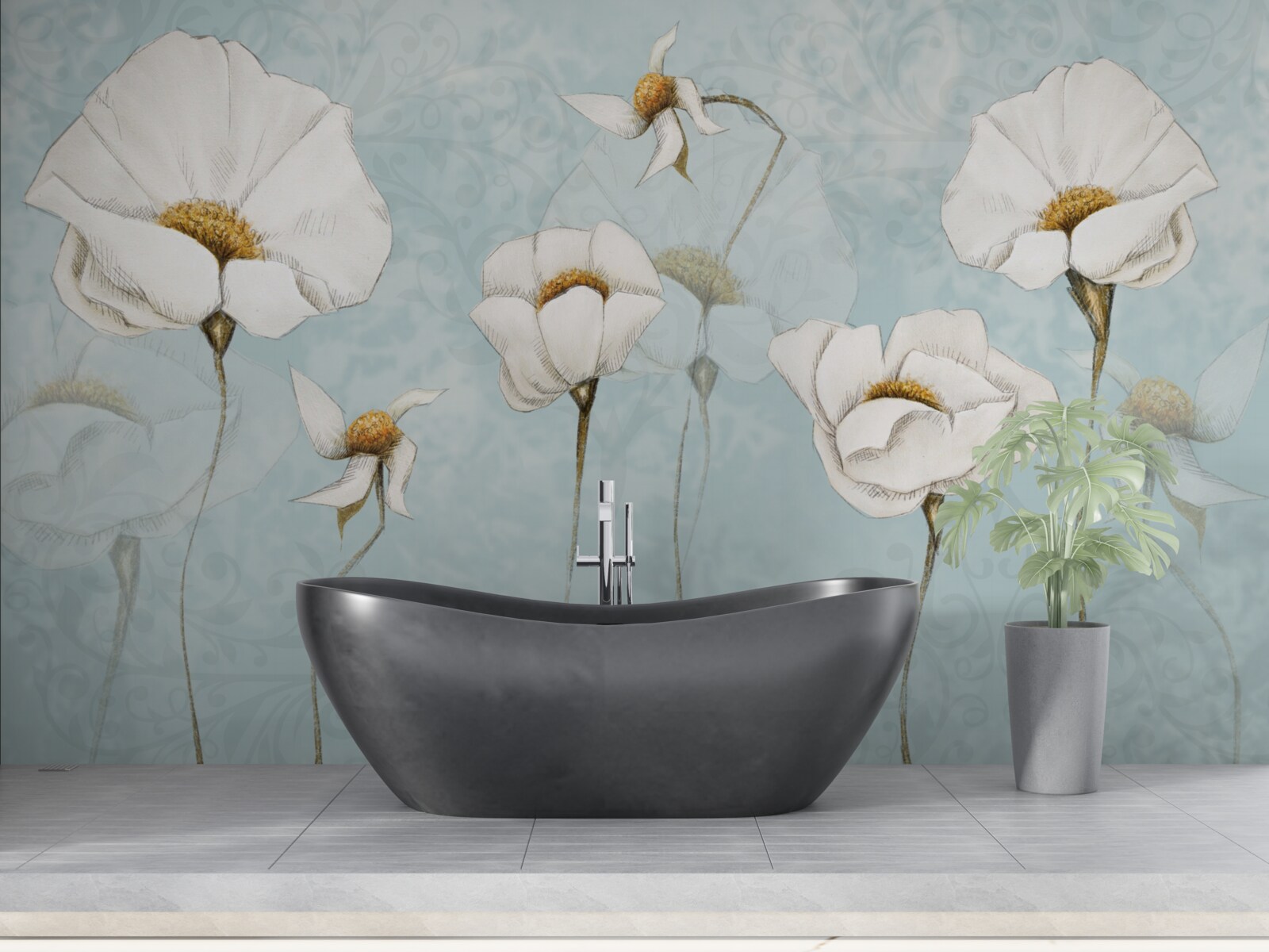 Fotobehang klaprozen zijn sneeuwwit en staan op hoge, tere stammen