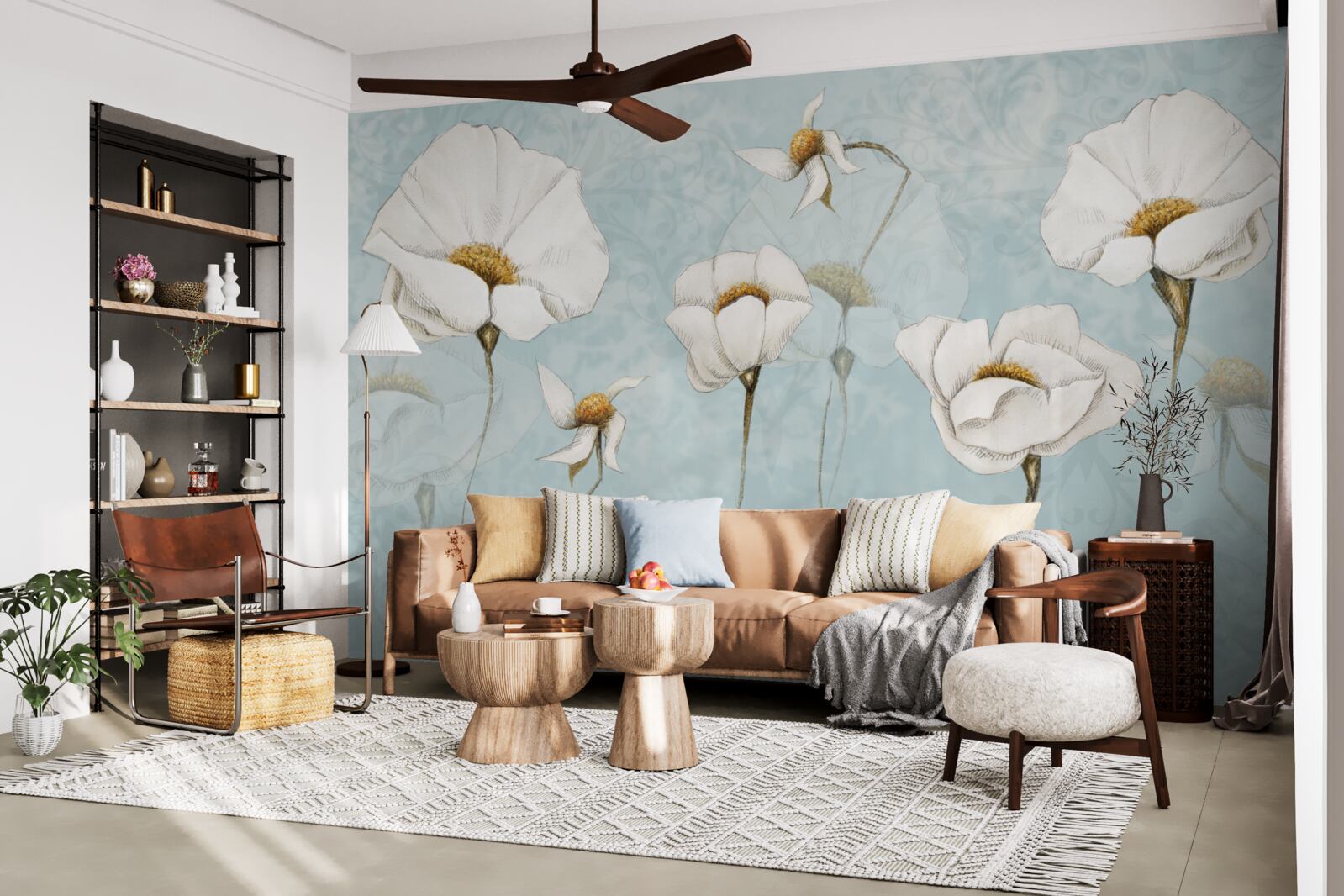 Fotobehang klaprozen zijn sneeuwwit en staan op hoge, tere stammen