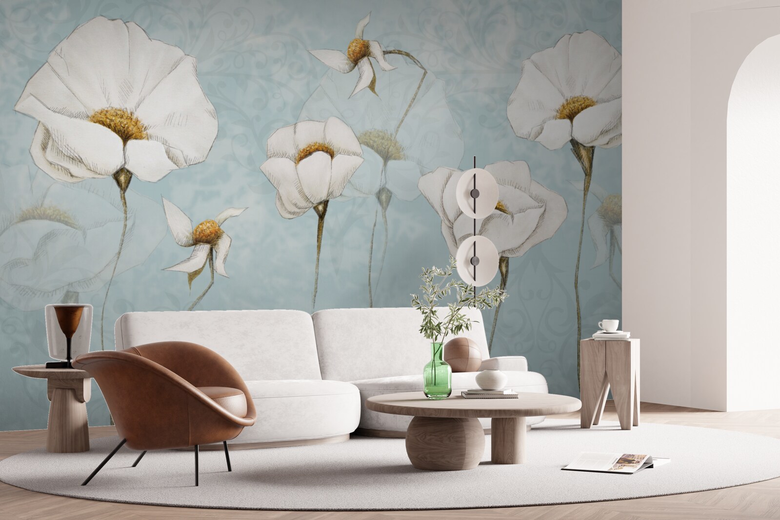 Fotobehang klaprozen zijn sneeuwwit en staan op hoge, tere stammen