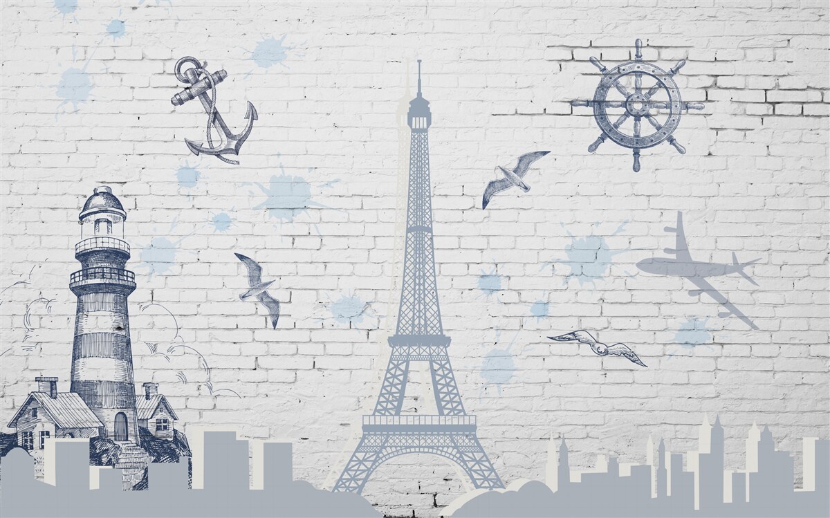 Fotobehang eiffeltoren en vuurtoren op de muur