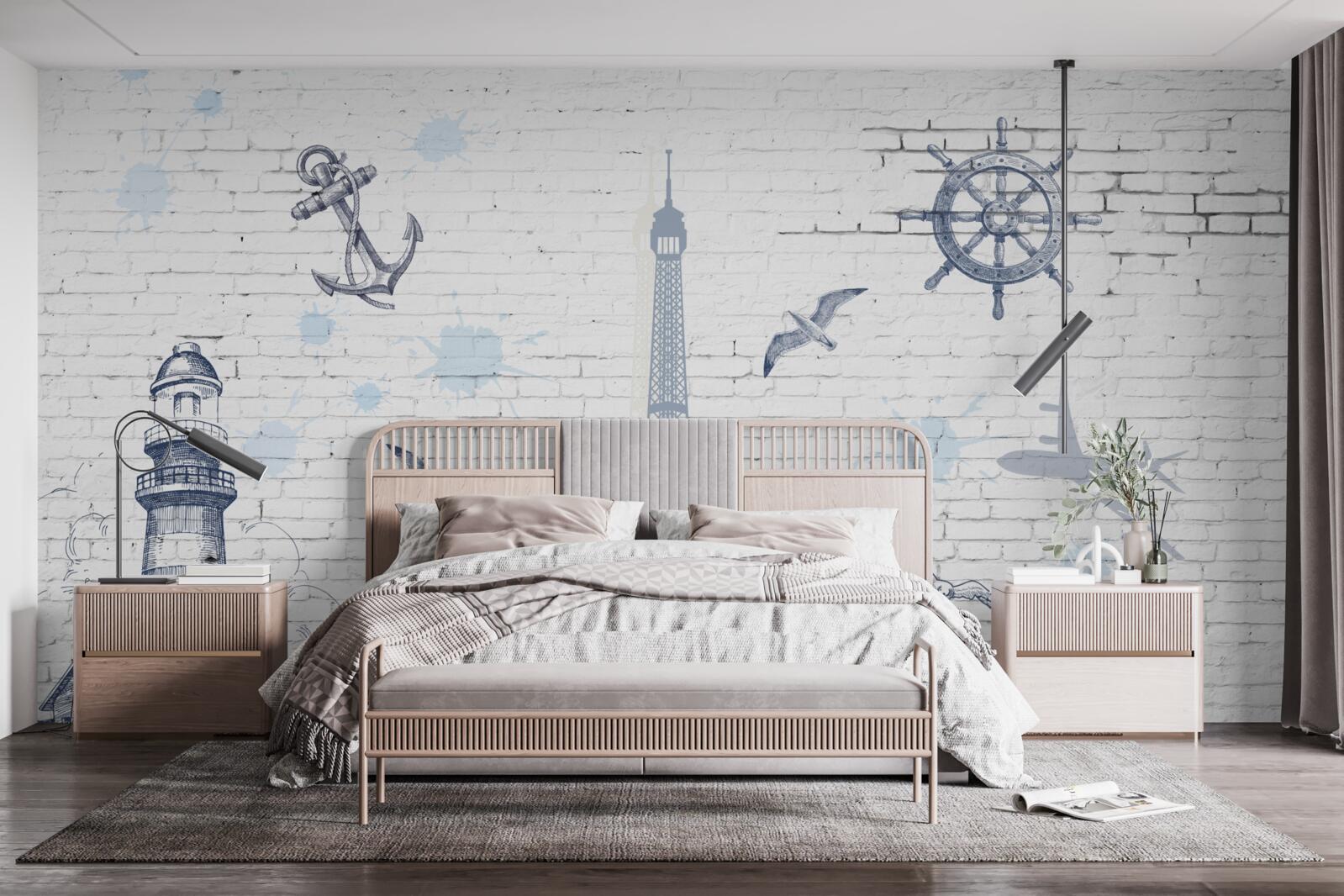 Fotobehang eiffeltoren en vuurtoren op de muur