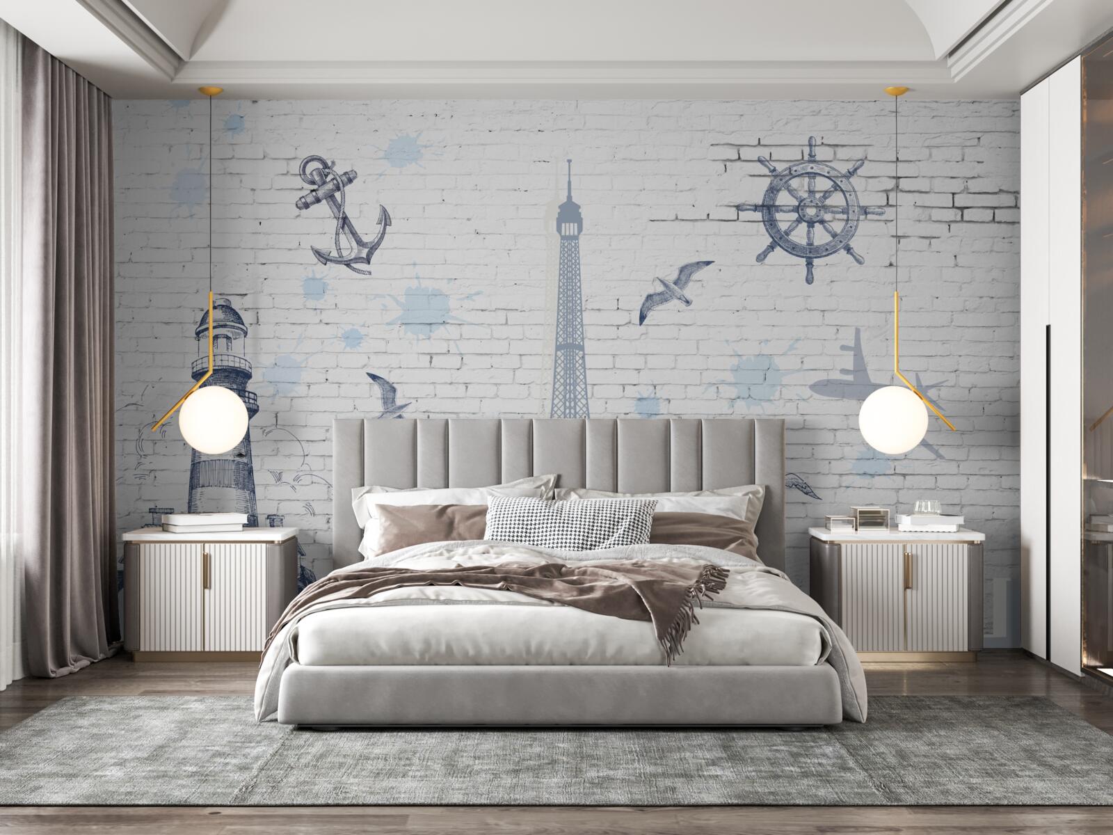 Fotobehang eiffeltoren en vuurtoren op de muur