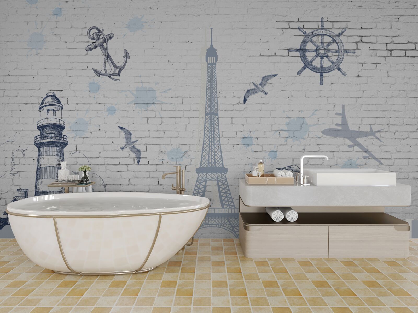 Fotobehang eiffeltoren en vuurtoren op de muur