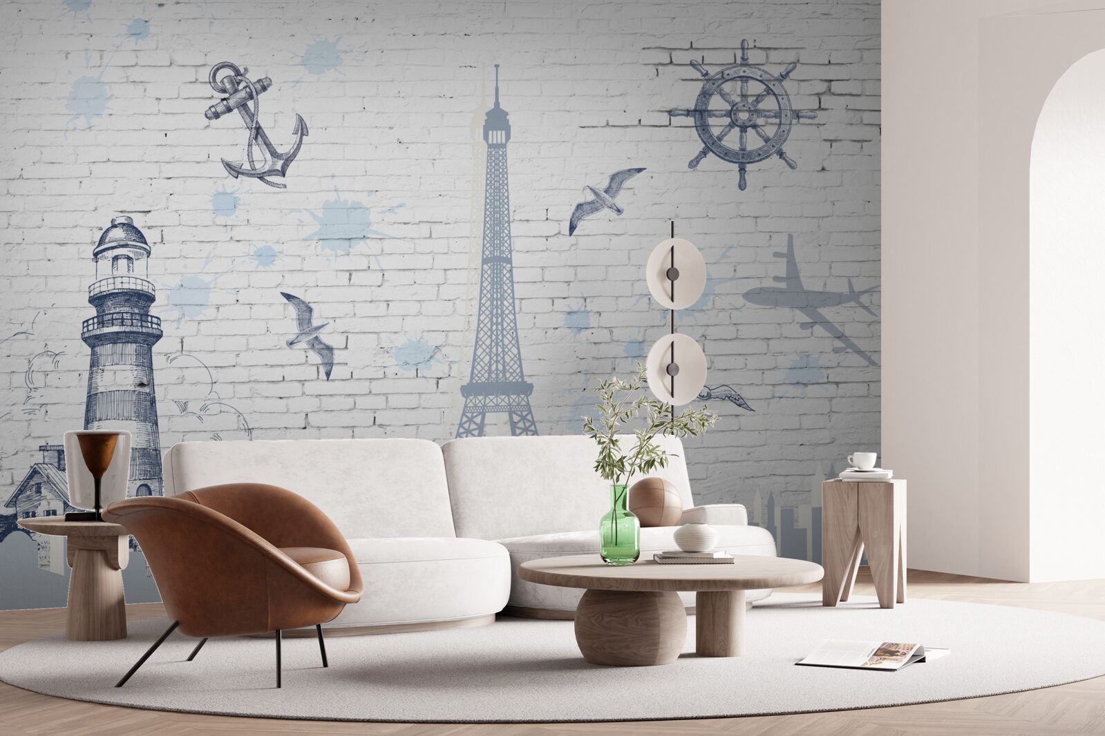 Fotobehang eiffeltoren en vuurtoren op de muur