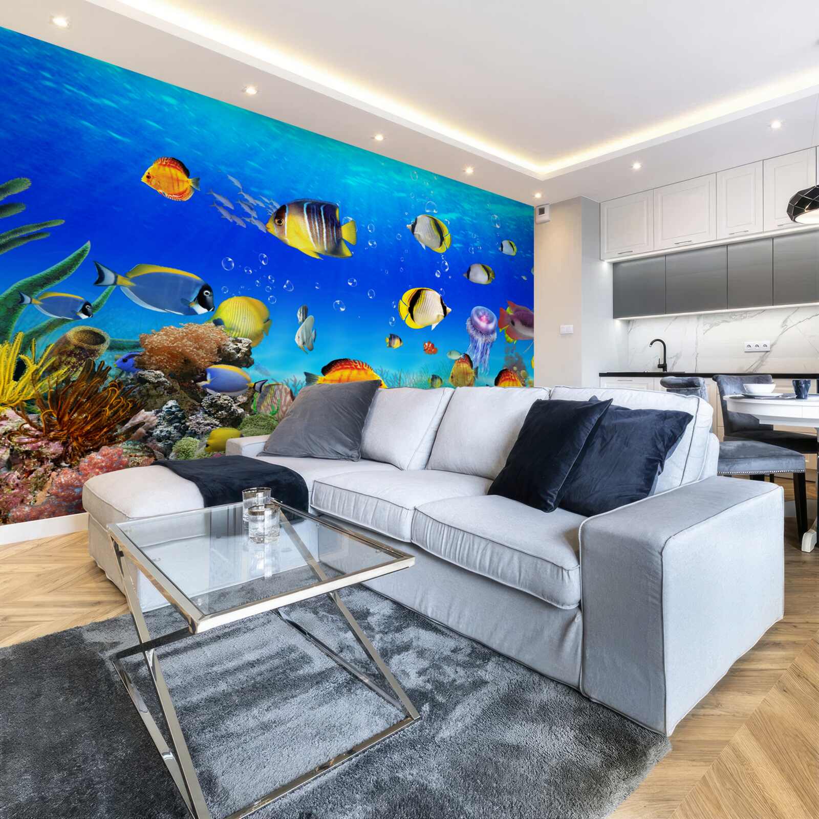 Fotobehang kleurrijke vissen in blauw water