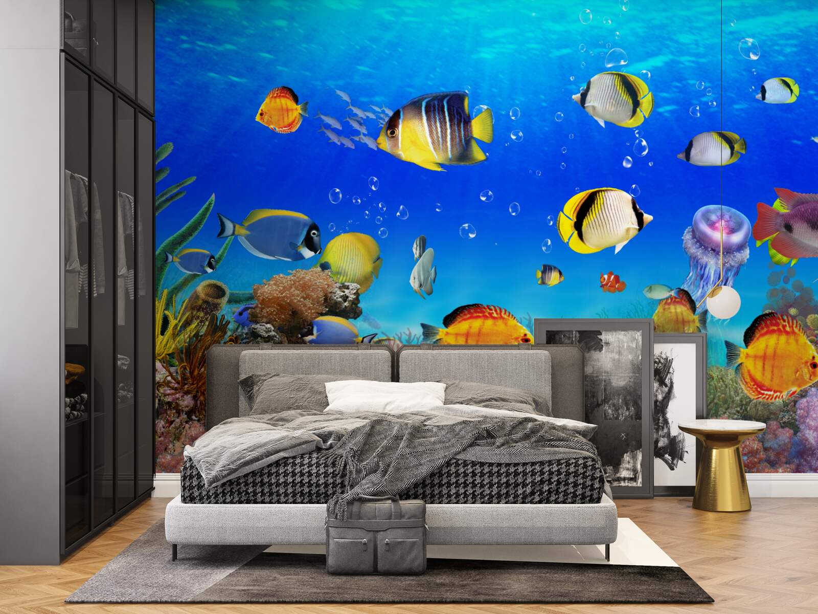 Fotobehang kleurrijke vissen in blauw water