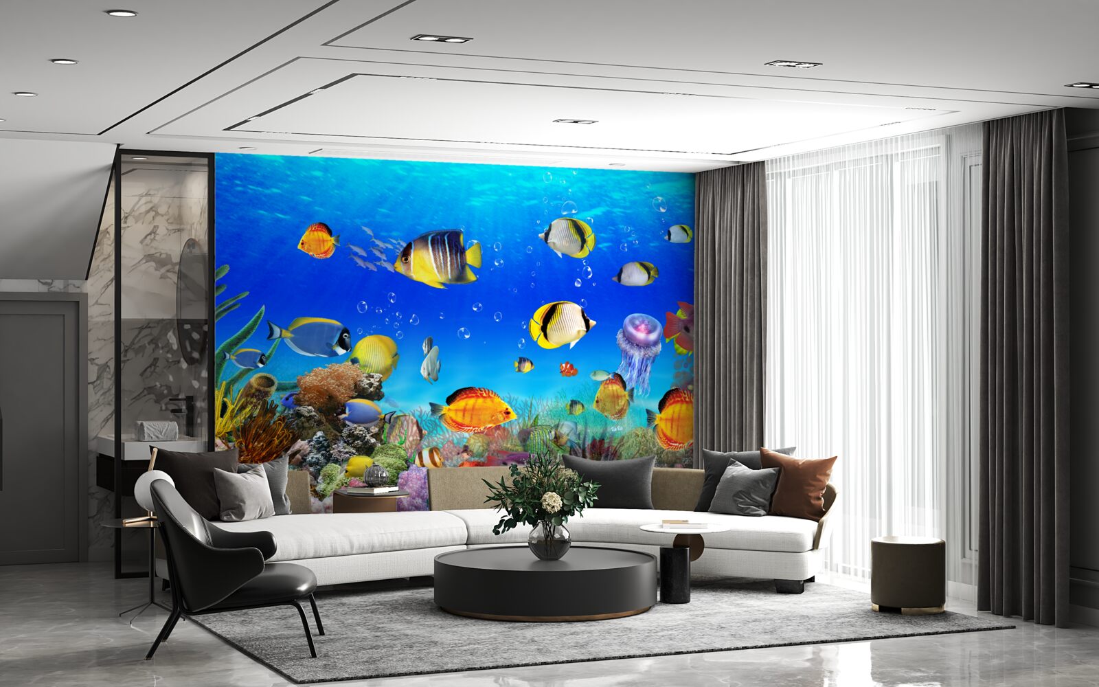 Fotobehang kleurrijke vissen in blauw water