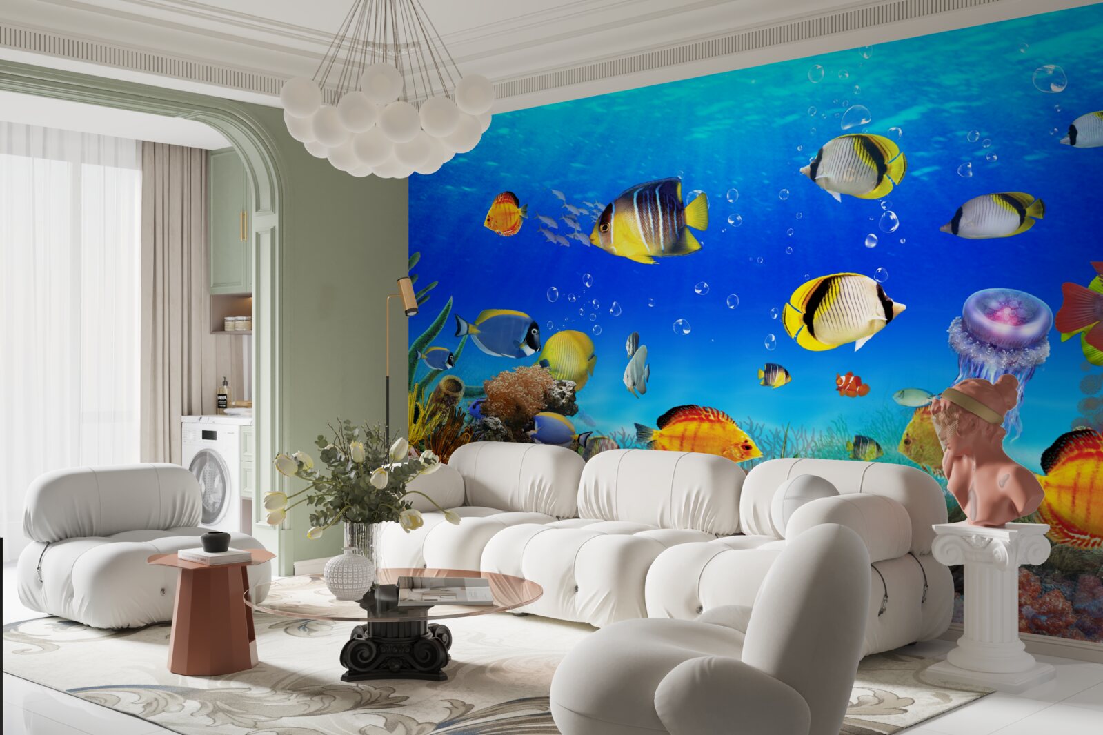 Fotobehang kleurrijke vissen in blauw water