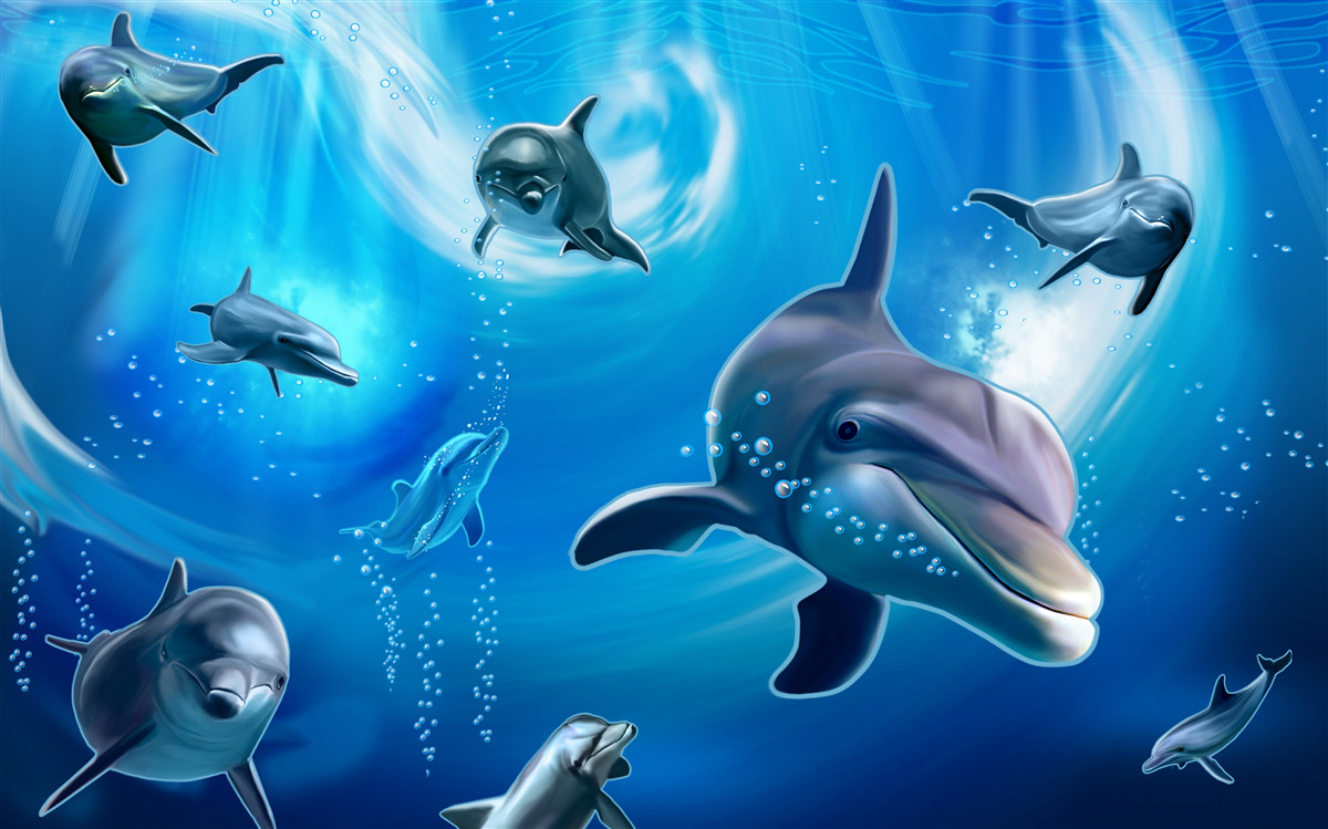Fotobehang schattige dolfijnen in de afgrond van de zee