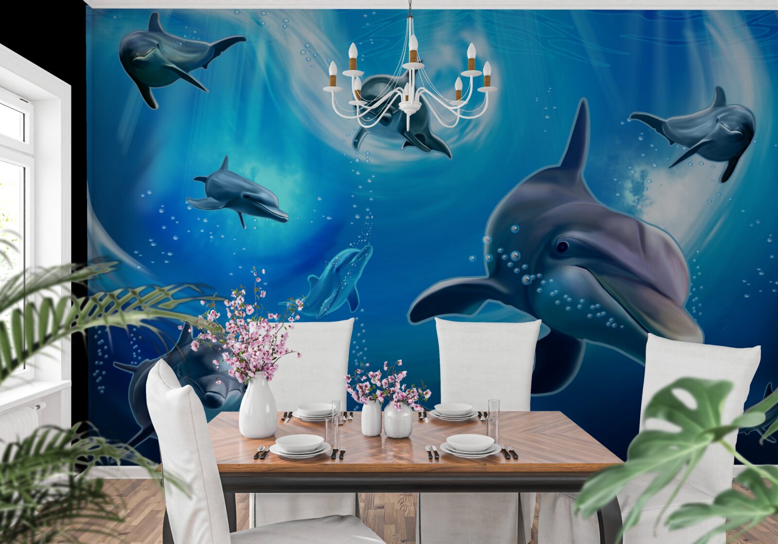 Fotobehang schattige dolfijnen in de afgrond van de zee