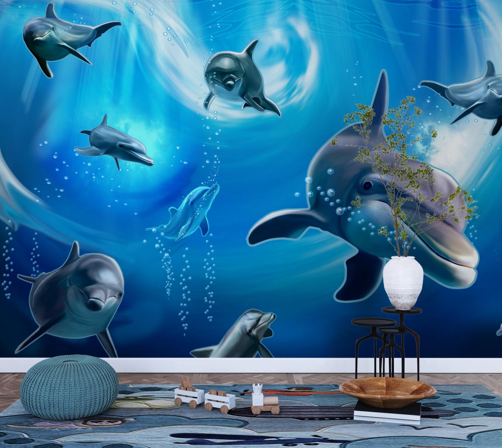Fotobehang schattige dolfijnen in de afgrond van de zee