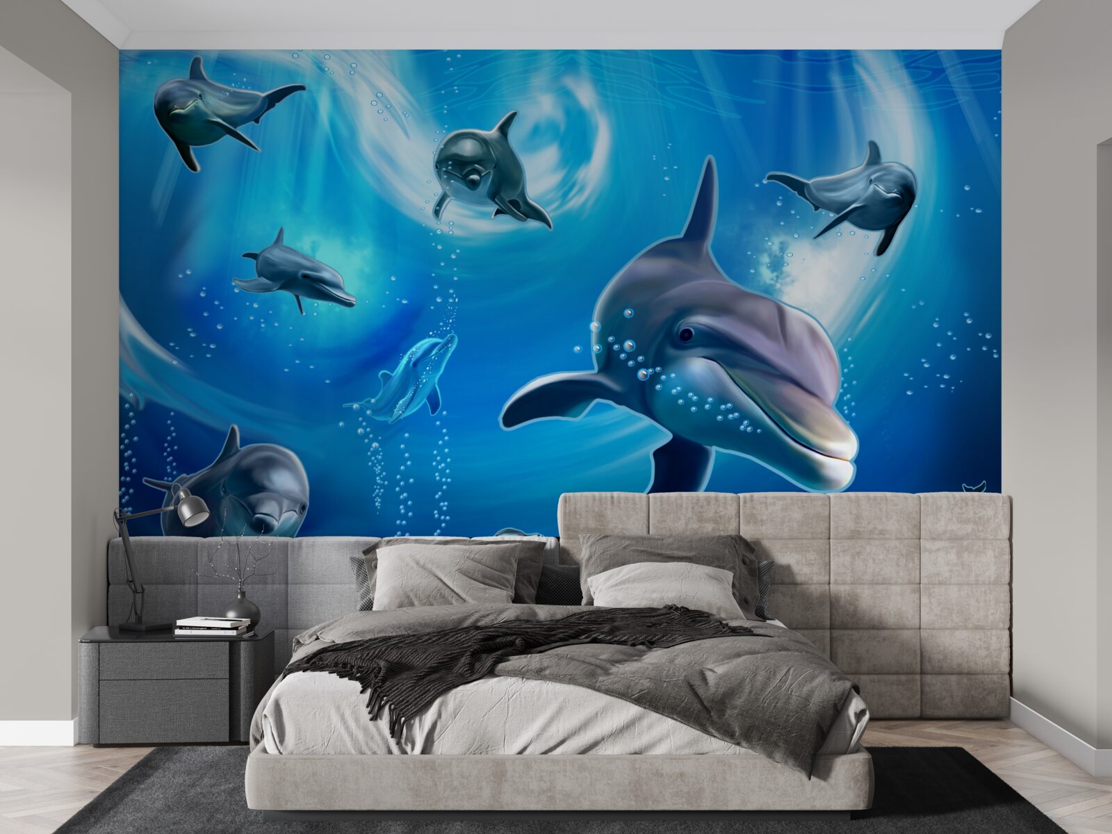 Fotobehang schattige dolfijnen in de afgrond van de zee