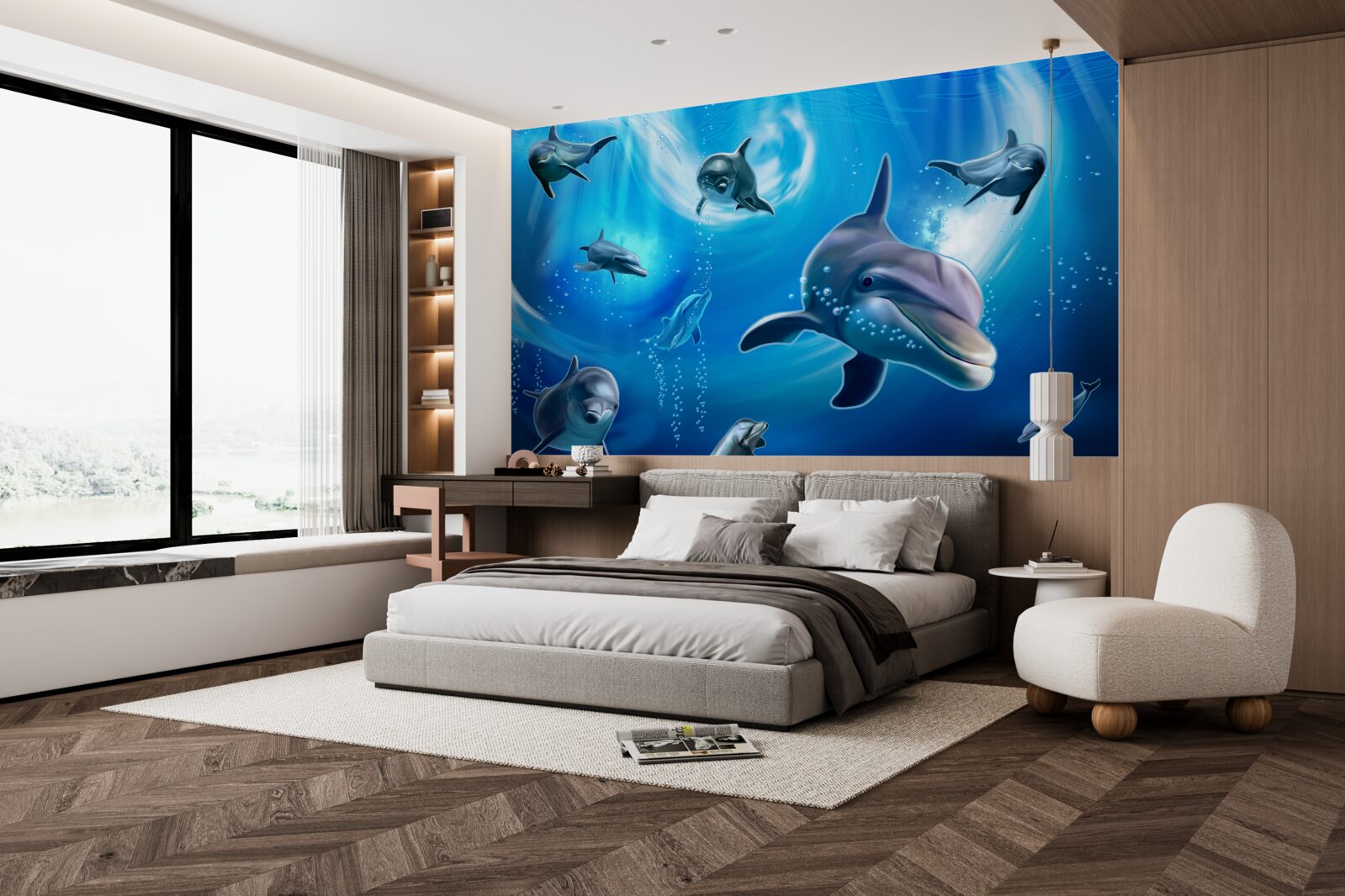 Fotobehang schattige dolfijnen in de afgrond van de zee