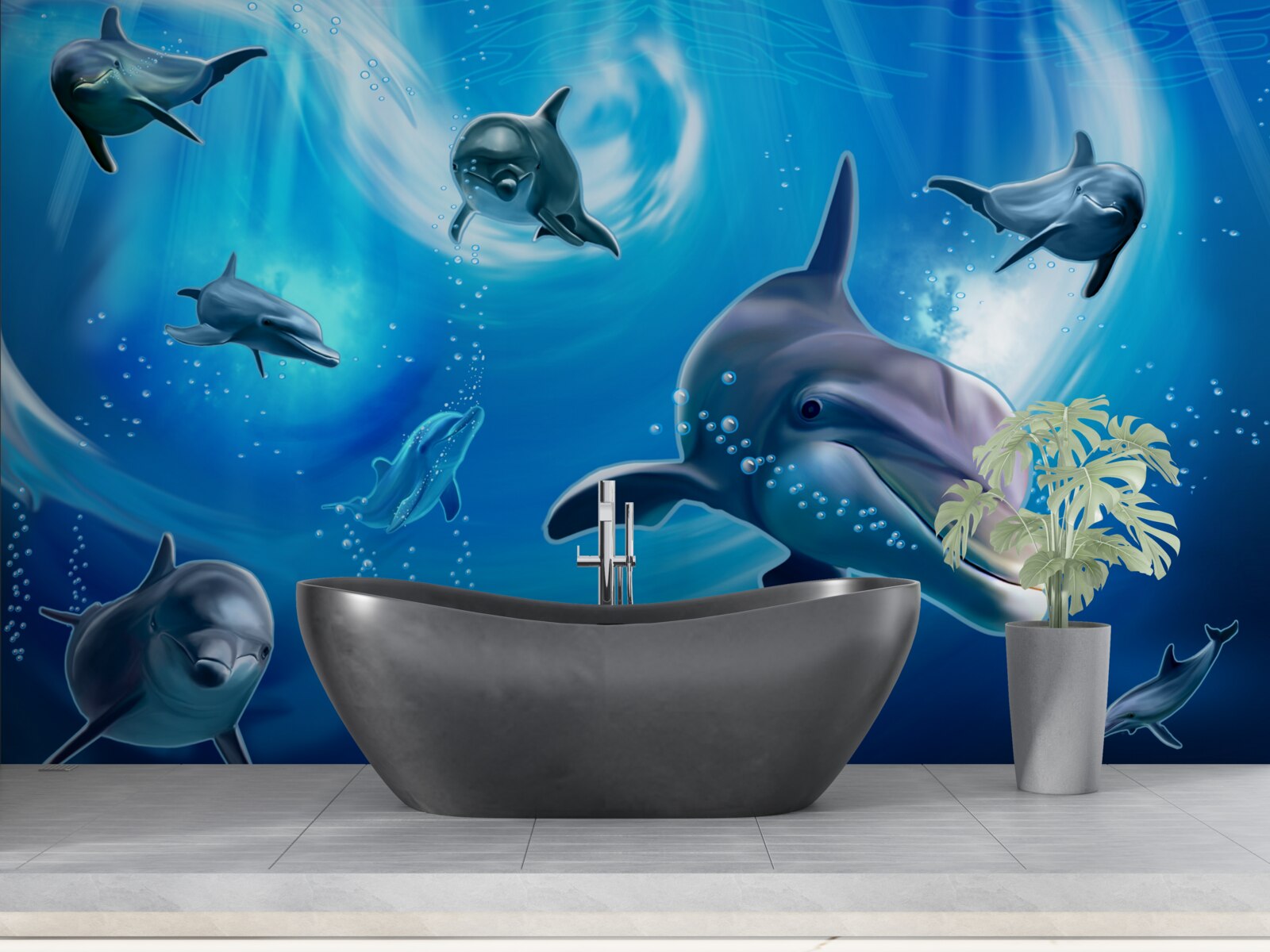 Fotobehang schattige dolfijnen in de afgrond van de zee