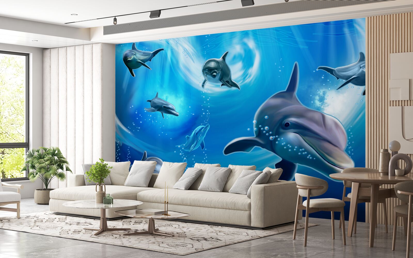 Fotobehang schattige dolfijnen in de afgrond van de zee