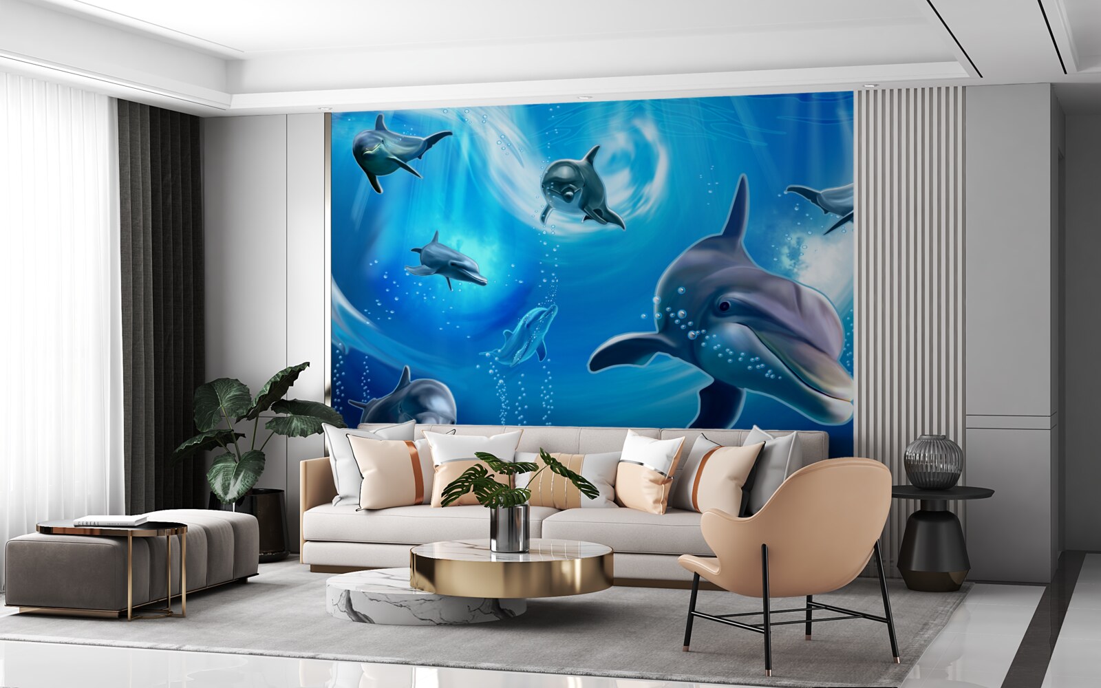 Fotobehang schattige dolfijnen in de afgrond van de zee