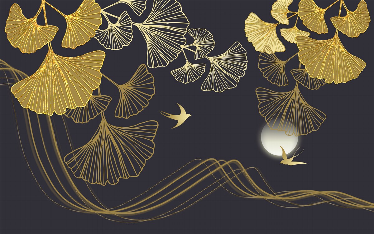 Fotobehang bladeren in gouden tinten en zeegolven