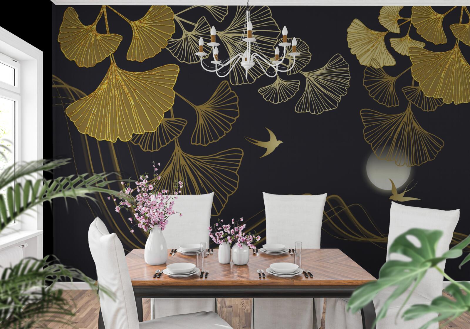 Fotobehang bladeren in gouden tinten en zeegolven