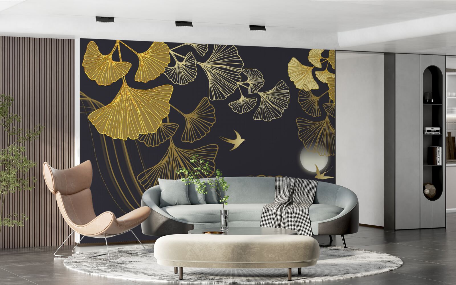 Fotobehang bladeren in gouden tinten en zeegolven