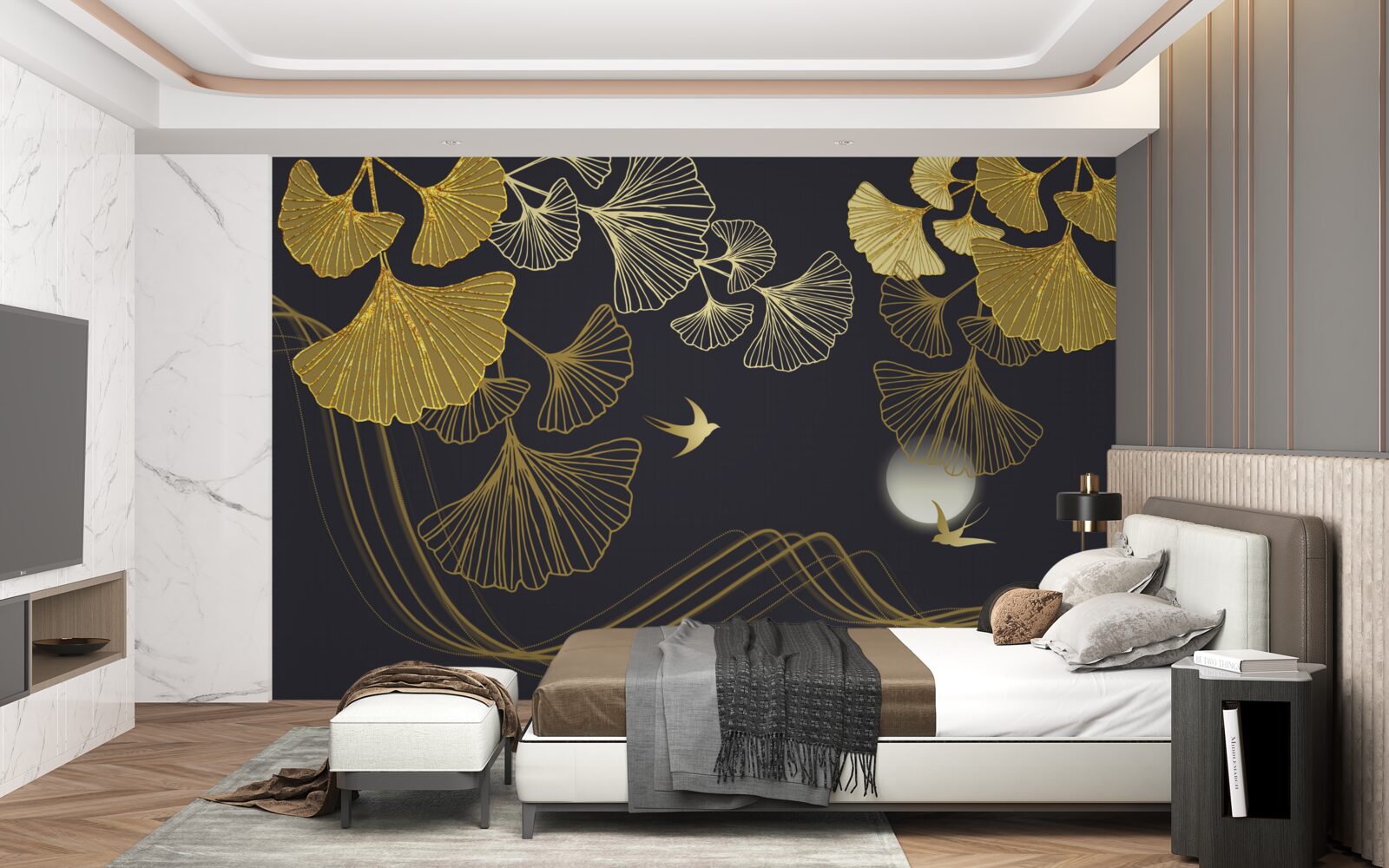 Fotobehang bladeren in gouden tinten en zeegolven