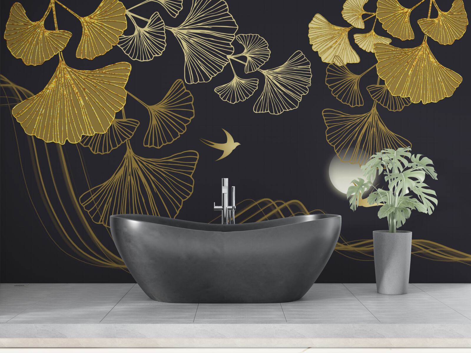 Fotobehang bladeren in gouden tinten en zeegolven