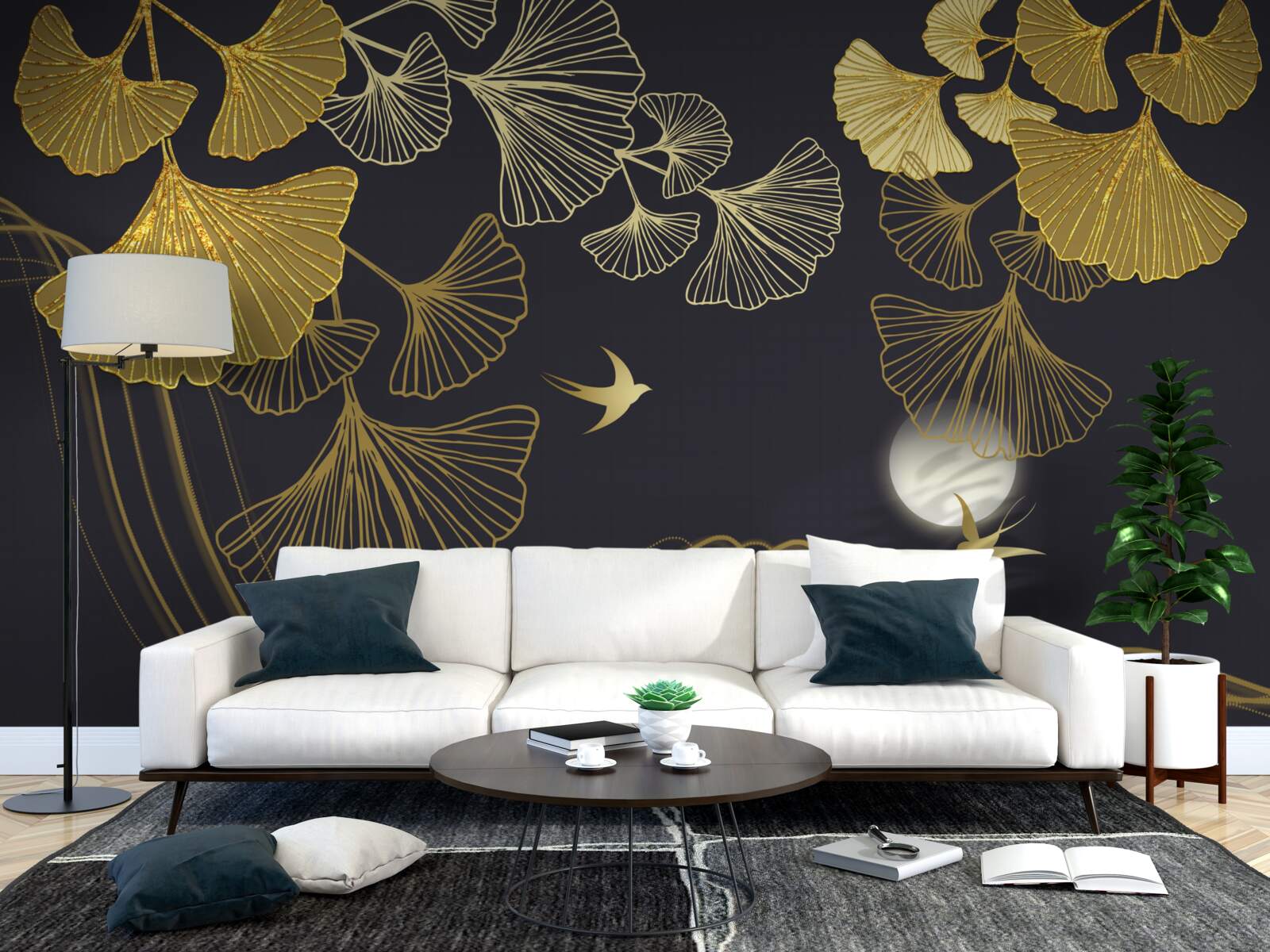 Fotobehang bladeren in gouden tinten en zeegolven