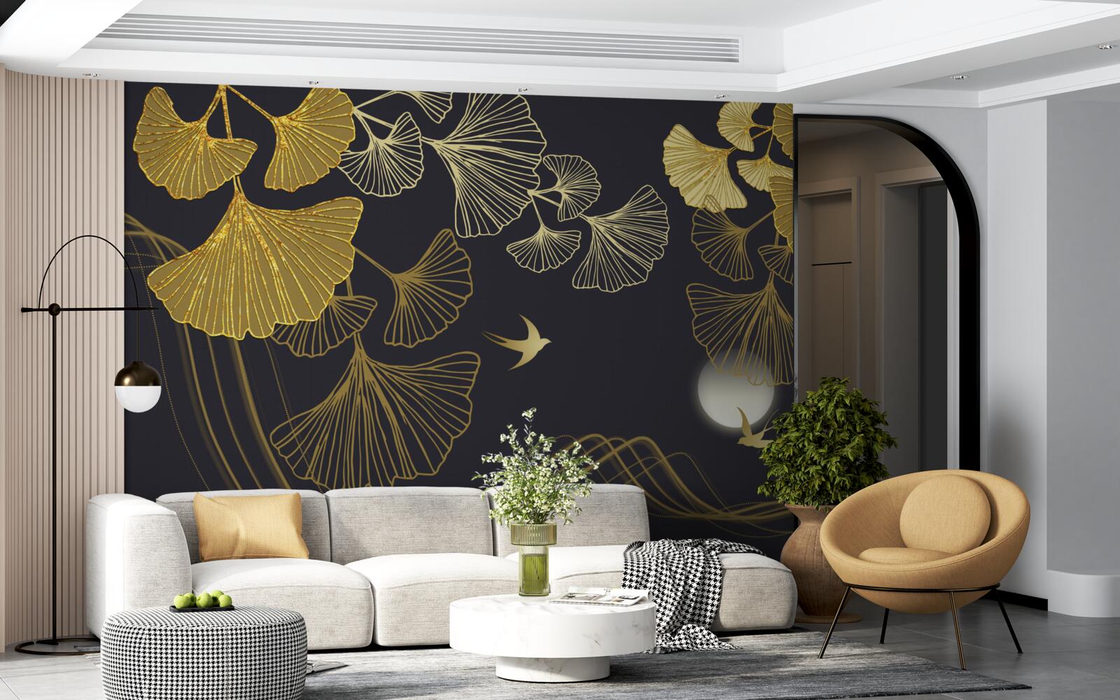 Fotobehang bladeren in gouden tinten en zeegolven