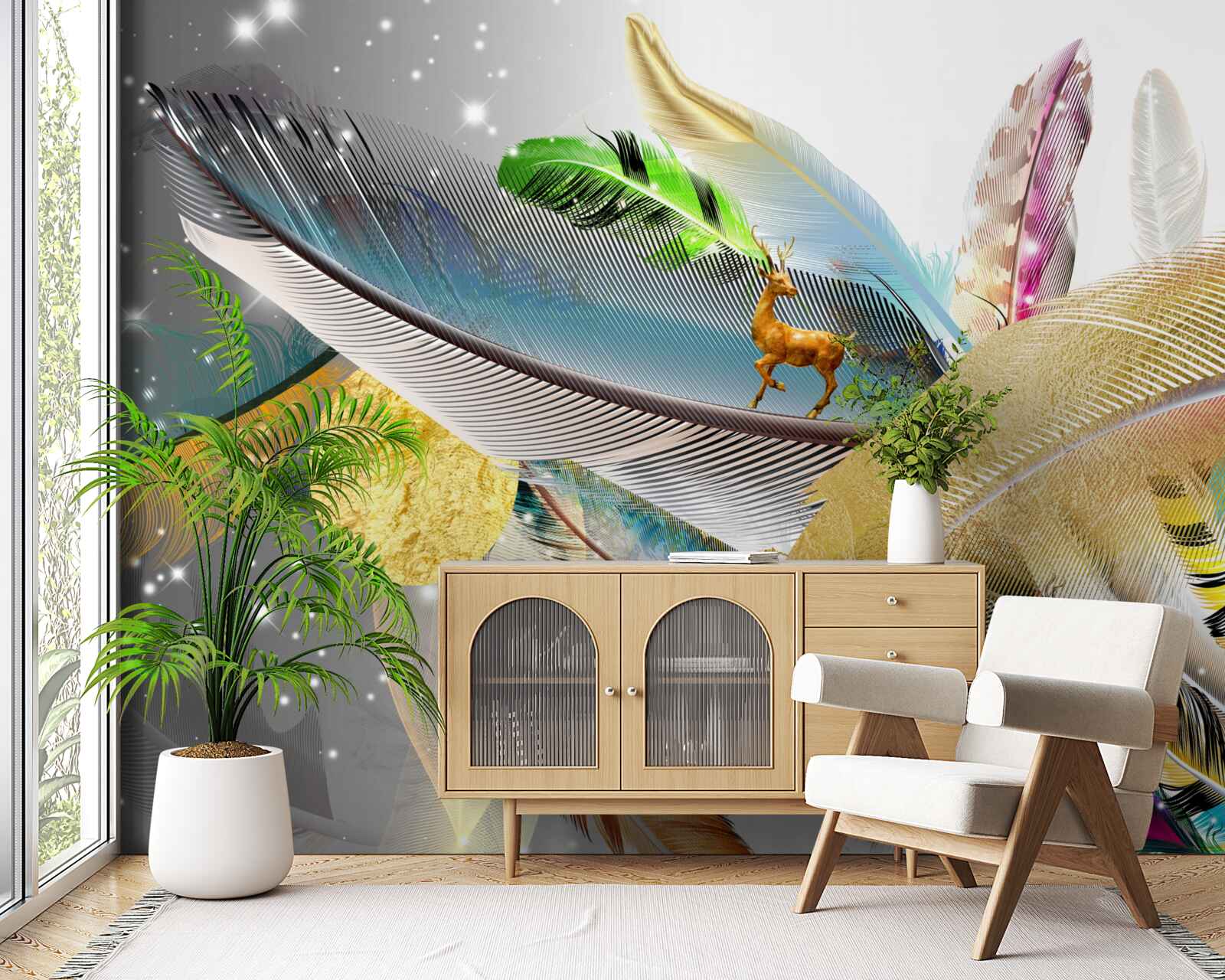 Fotobehang tussen de heldere veren zit een hert