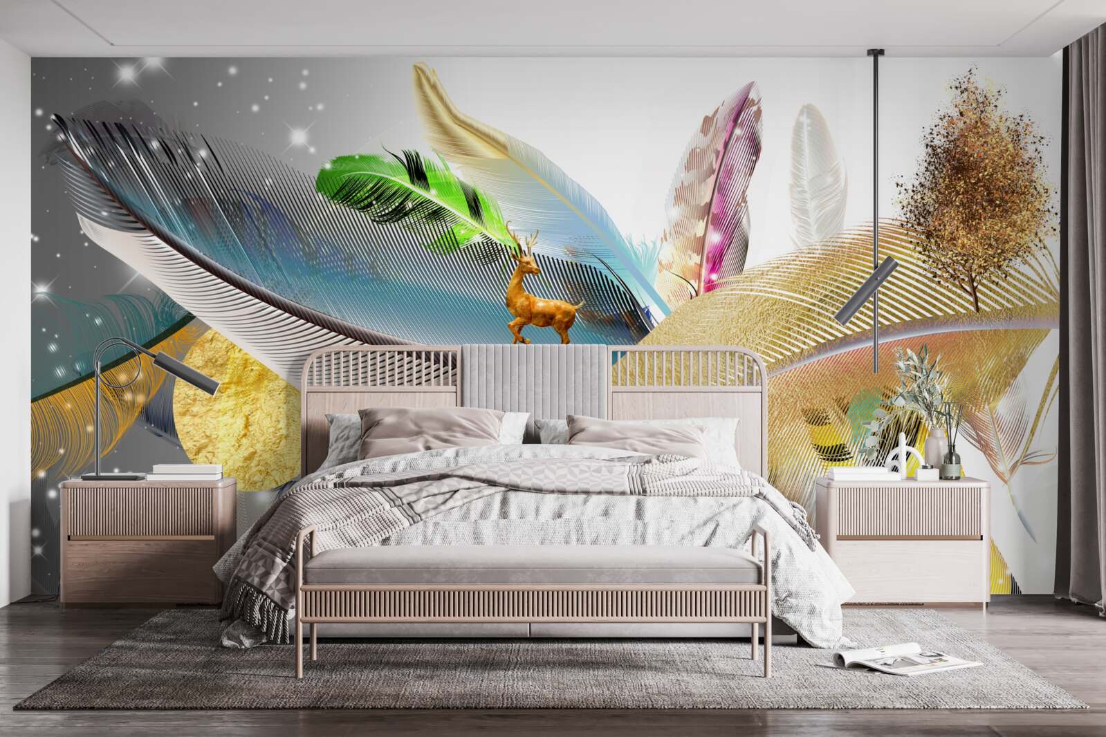 Fotobehang tussen de heldere veren zit een hert