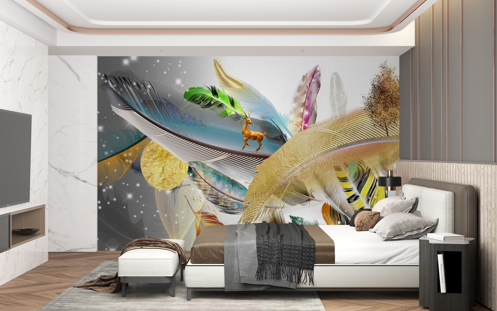 Fotobehang tussen de heldere veren zit een hert