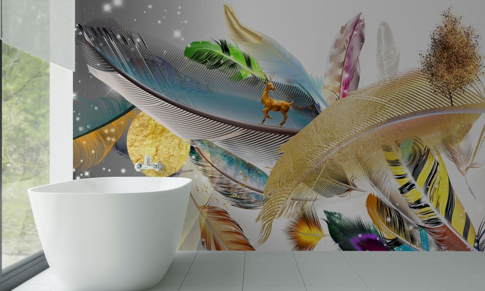 Fotobehang tussen de heldere veren zit een hert