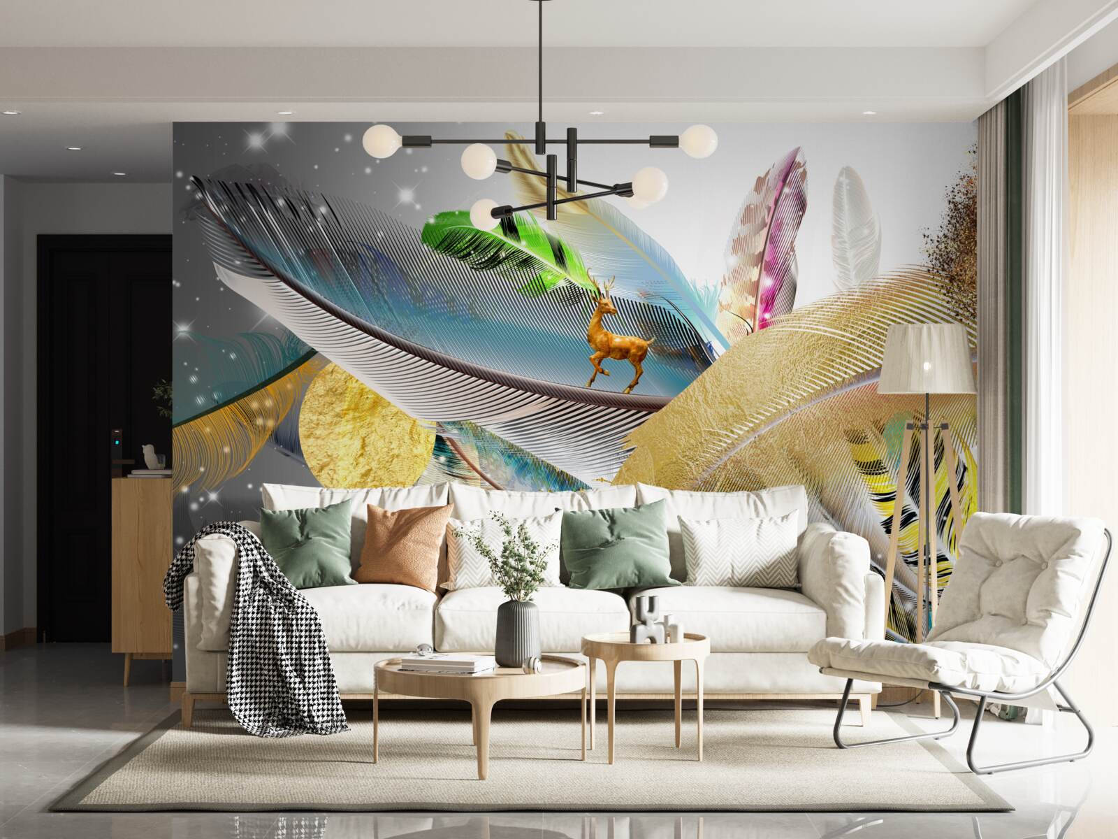 Fotobehang tussen de heldere veren zit een hert