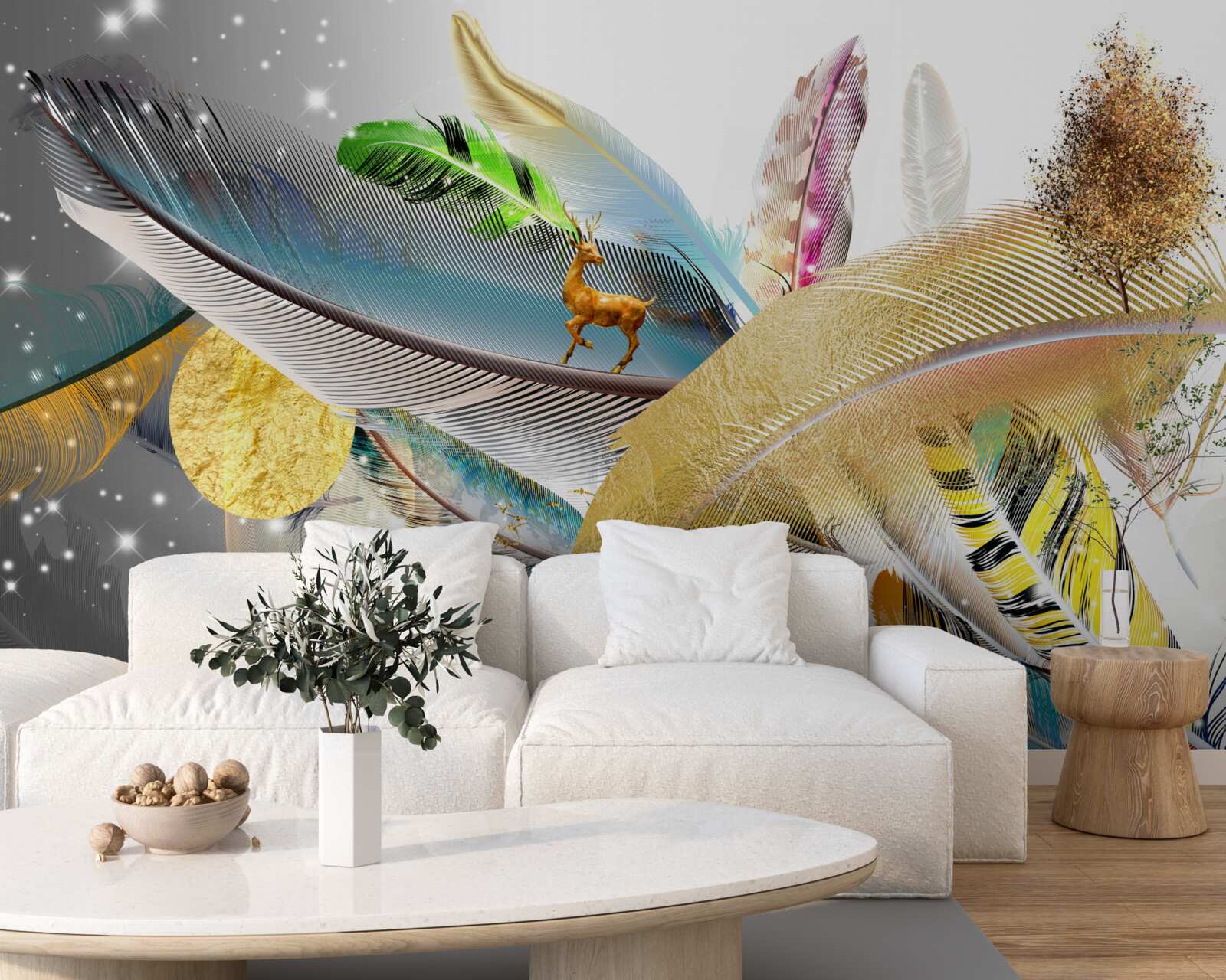 Fotobehang tussen de heldere veren zit een hert