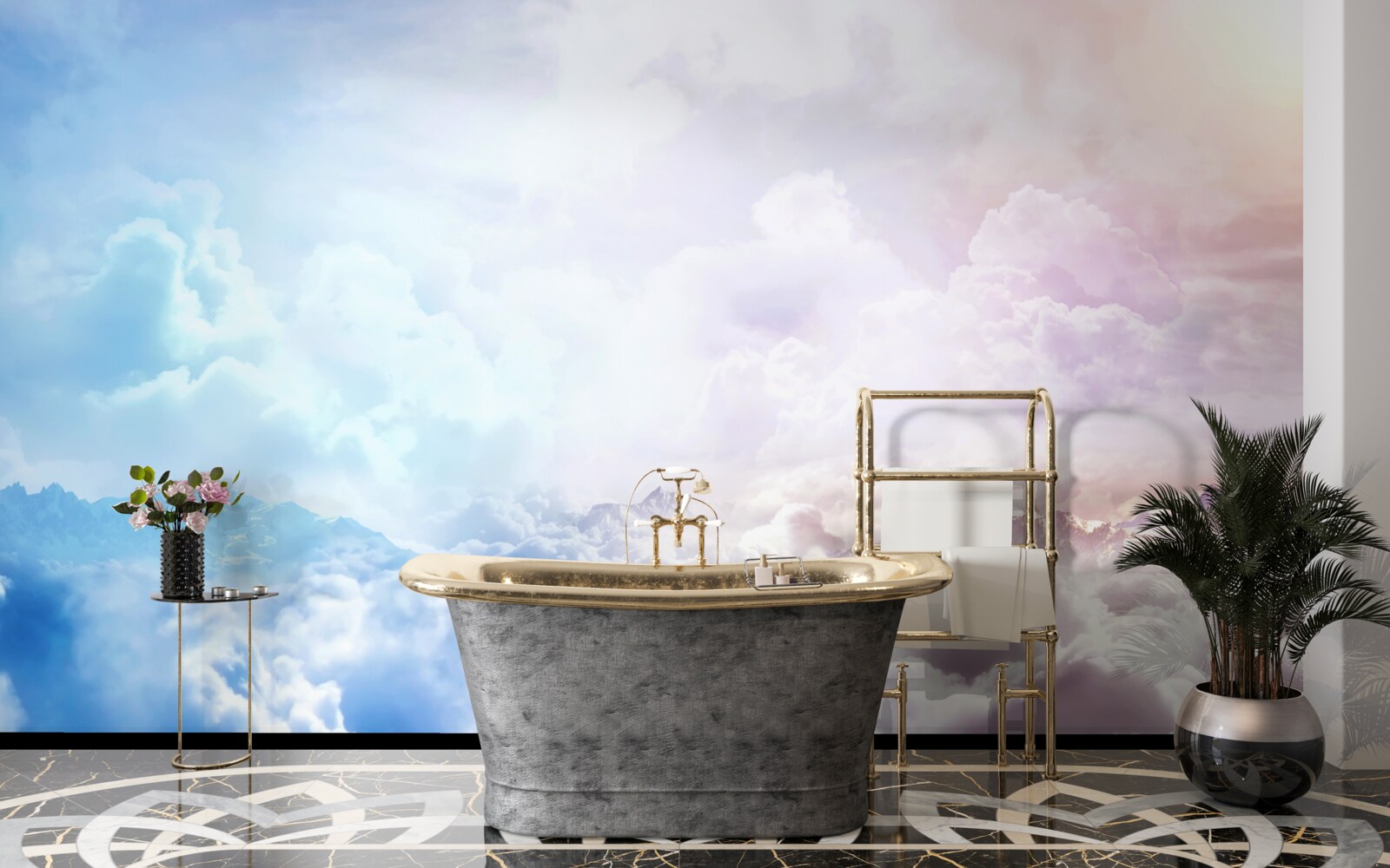 Fotobehang een wolkenhemel in roze en blauwe tinten