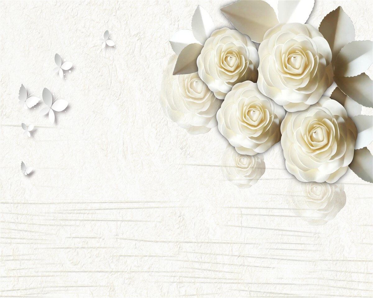 Fotobehang vlinders en sneeuwwitte rozen