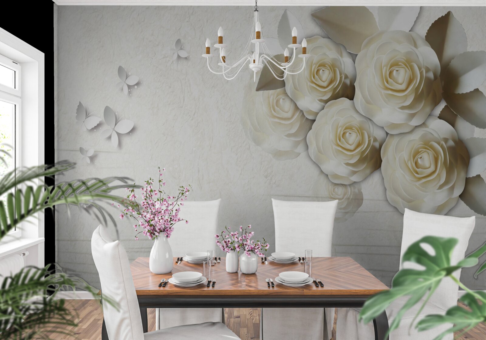 Fotobehang vlinders en sneeuwwitte rozen