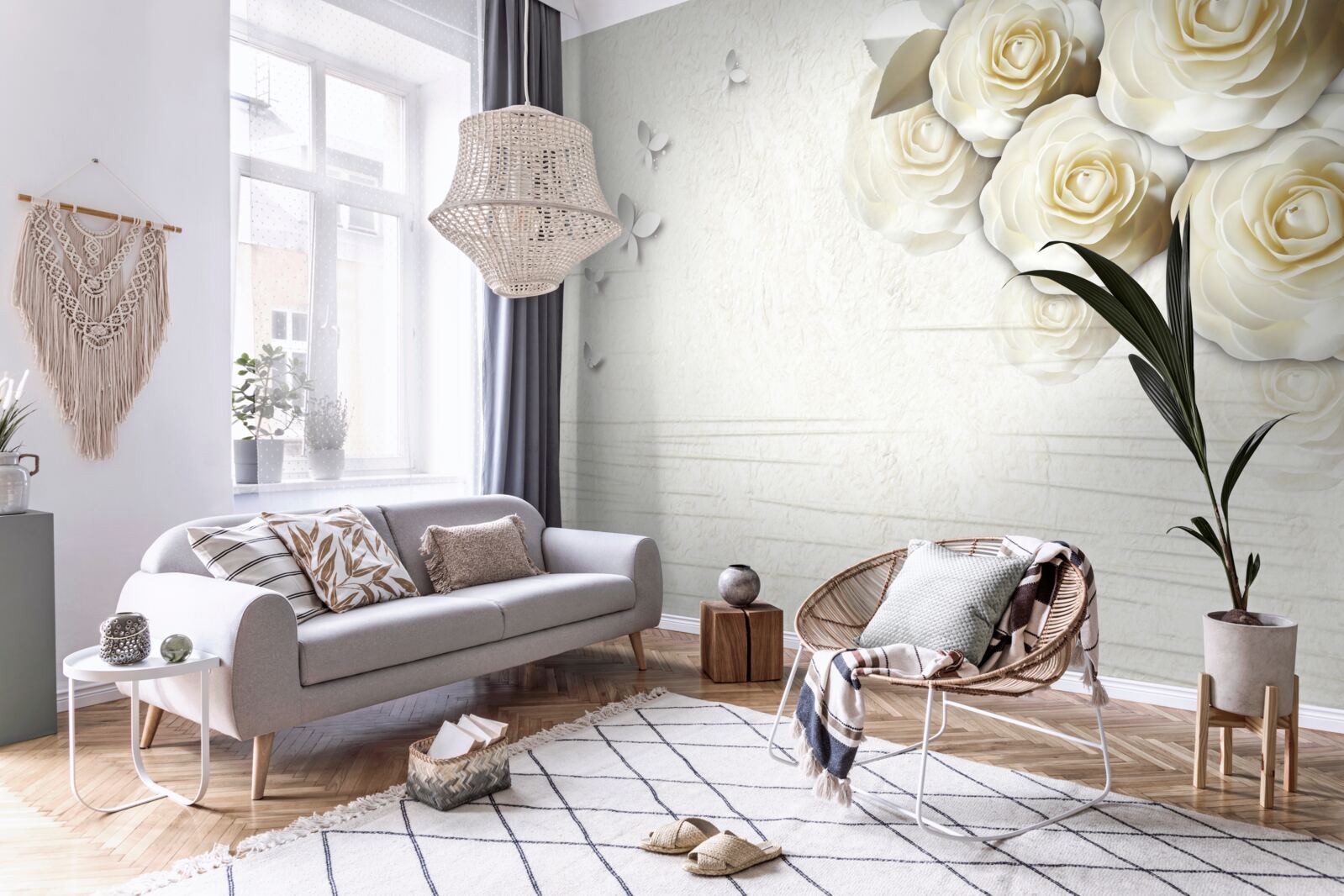 Fotobehang vlinders en sneeuwwitte rozen