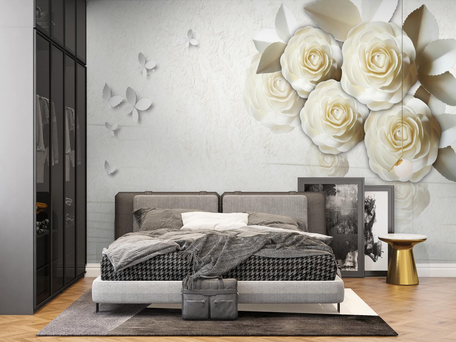 Fotobehang vlinders en sneeuwwitte rozen